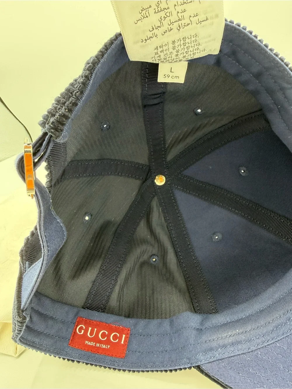 Gucci Navy Corduroy Baseball Cap with Interior GG Tag